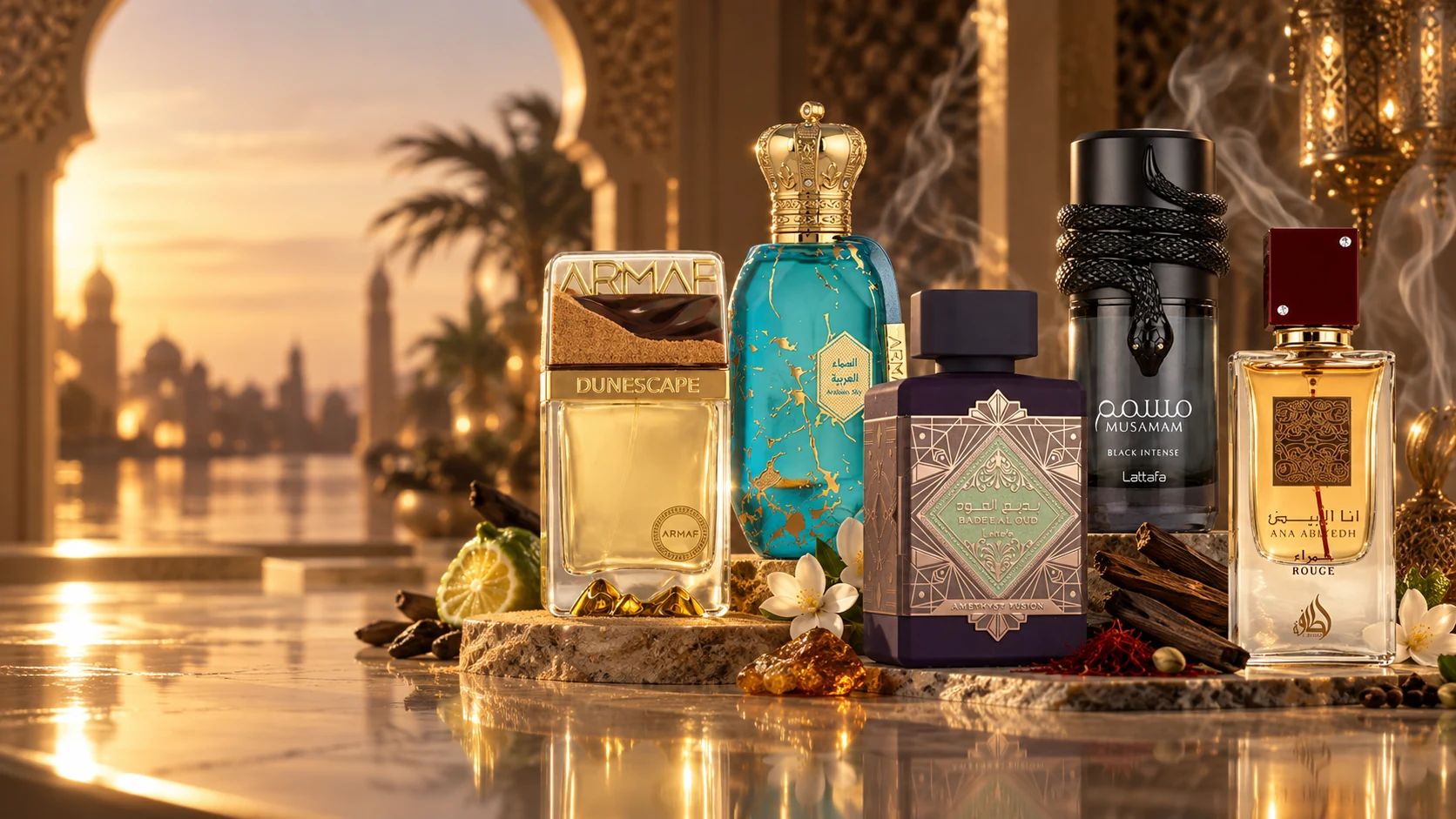 Colección de perfumes árabes Attar Real (Armaf, Lattafa, Al Haramain) sobre un patio de mármol con arquería árabe al atardecer